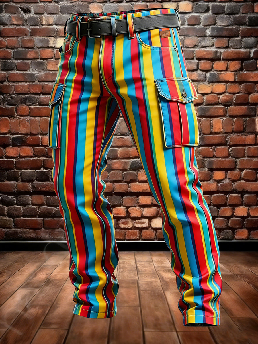 Men's Retro Vacation Business Stripe Art Print Casual Workwear Trousers