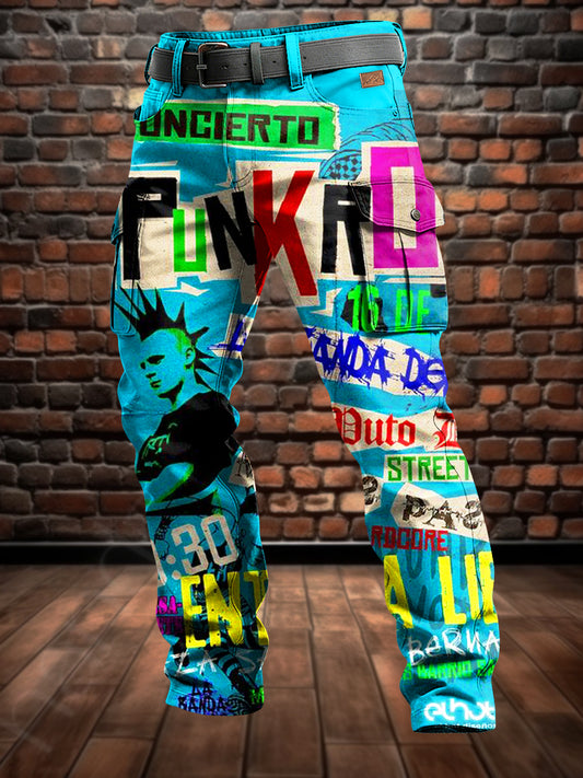 Men's Retro Vacation Business Punk Art Print Casual Workwear Trousers