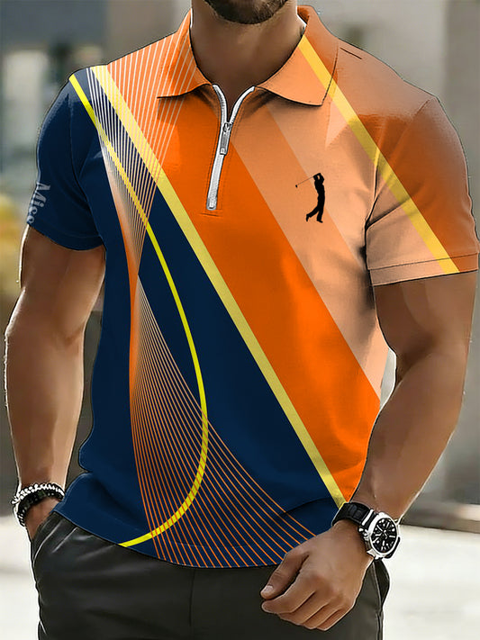 Men's Business Style Printed Half Zipper Polo Shirt