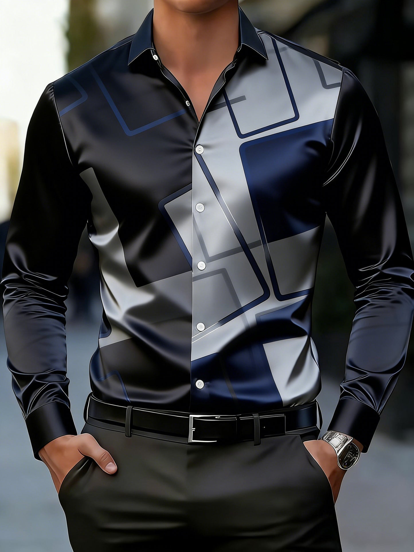 Men's Business Style Geometric Printed Satin Shirt