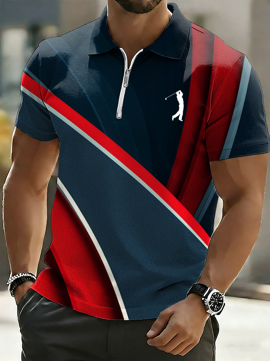 Men's Business Style Printed Half Zipper Polo Shirt