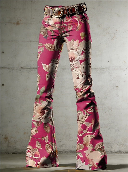 Women's Flower Art Print Flared Trousers