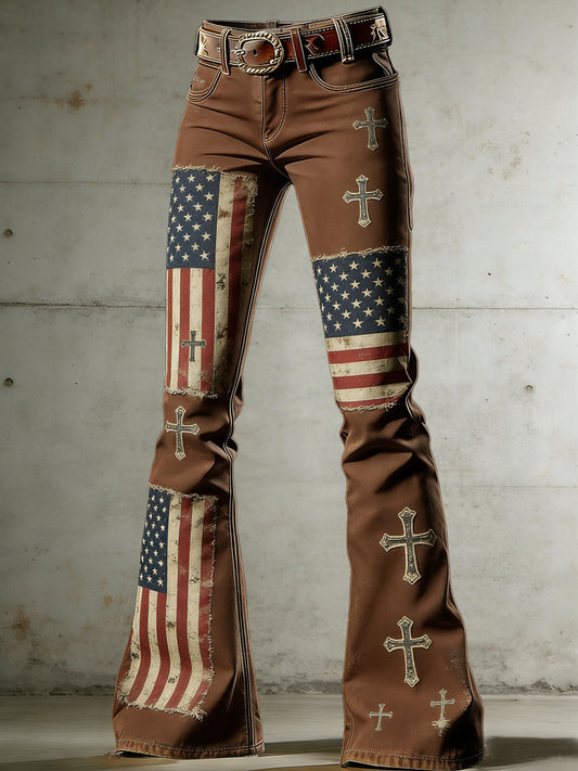 Women's American Flag Art Print Flared Trousers