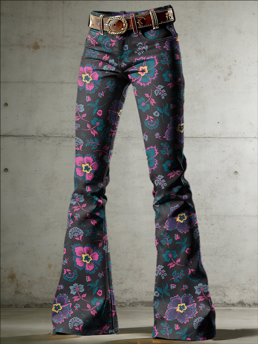 Women's Flower Art Print Flared Trousers