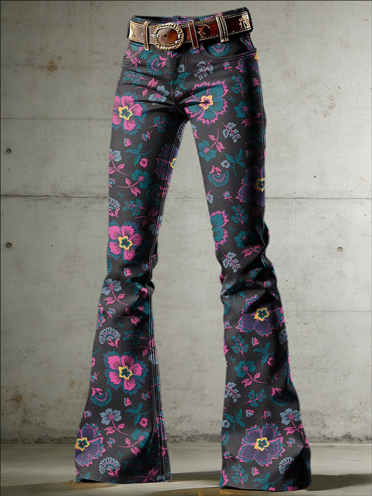 Women's Flower Art Print Flared Trousers