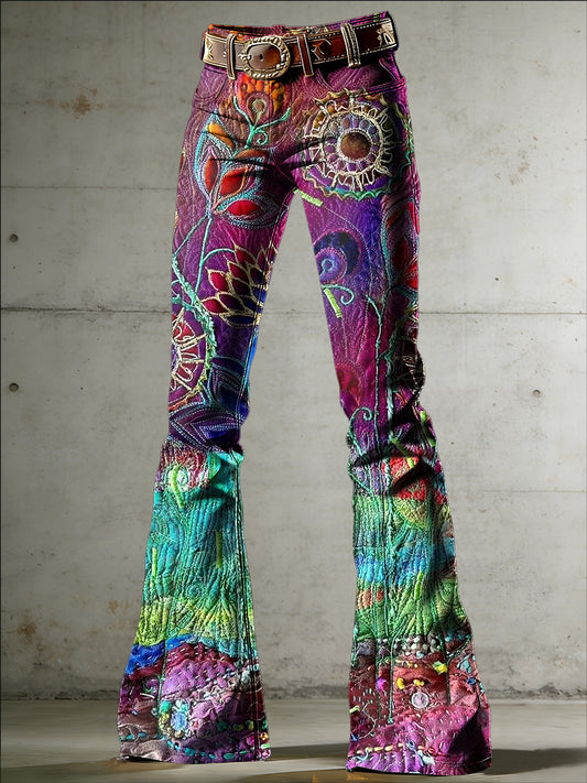 Women's Flower Art Print Flared Trousers