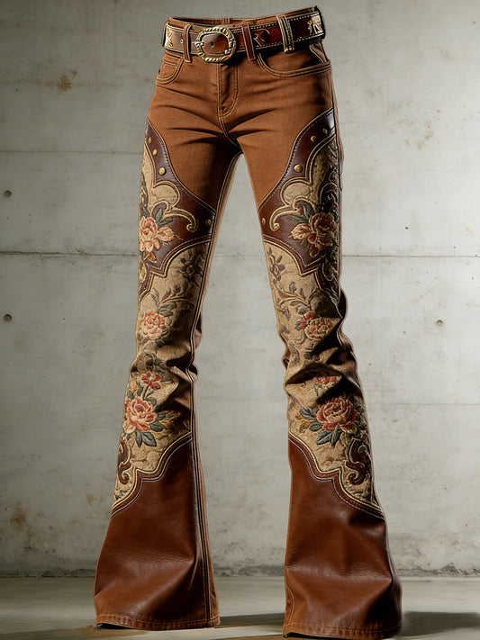 Women's Western Flowers Art Print Flared Trousers