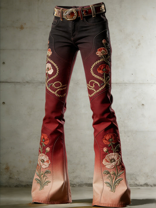 Women's Western Flowers Art Print Flared Trousers