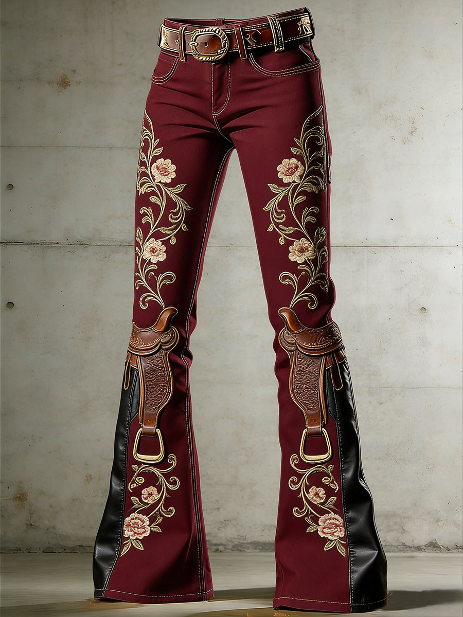 Women's Western Flowers Art Print Flared Trousers