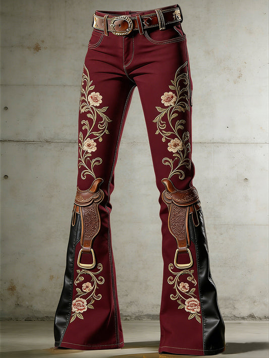 Women's Western Flowers Art Print Flared Trousers