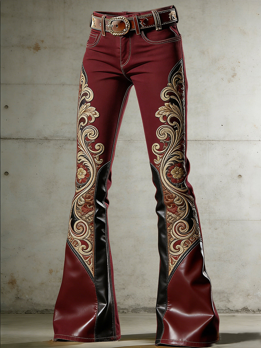 Women's Western Flowers Art Print Flared Trousers