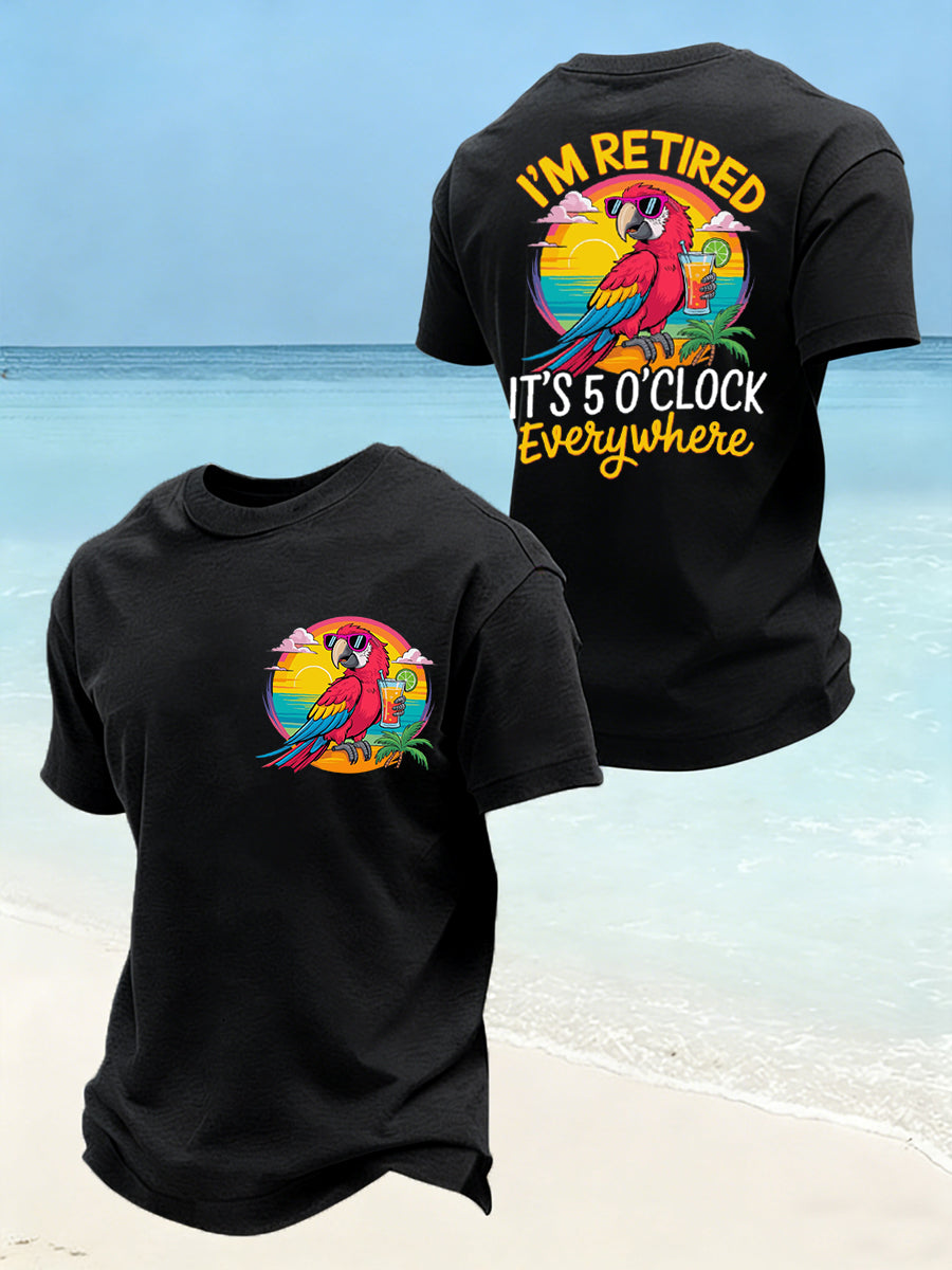 Men's Funny I'm Retired It's 5 O’clock Everywhere Parrot Print Casual Tee