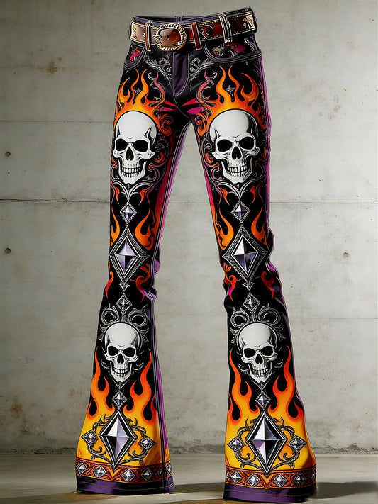 Women's Gothic Skull Art Print Flared Trousers