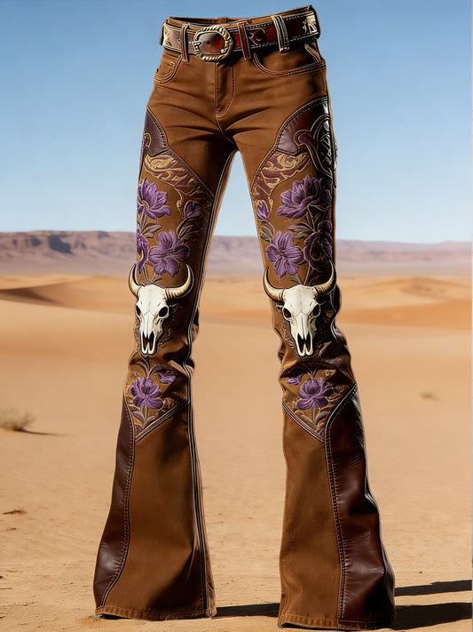 Women's Western Flowers Art Print Flared Trousers