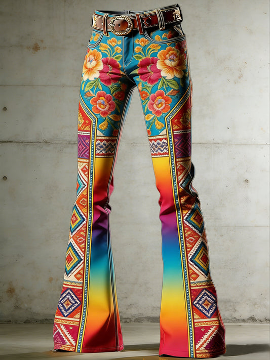 Women's Bohemian Flowers Art Print Flared Trousers