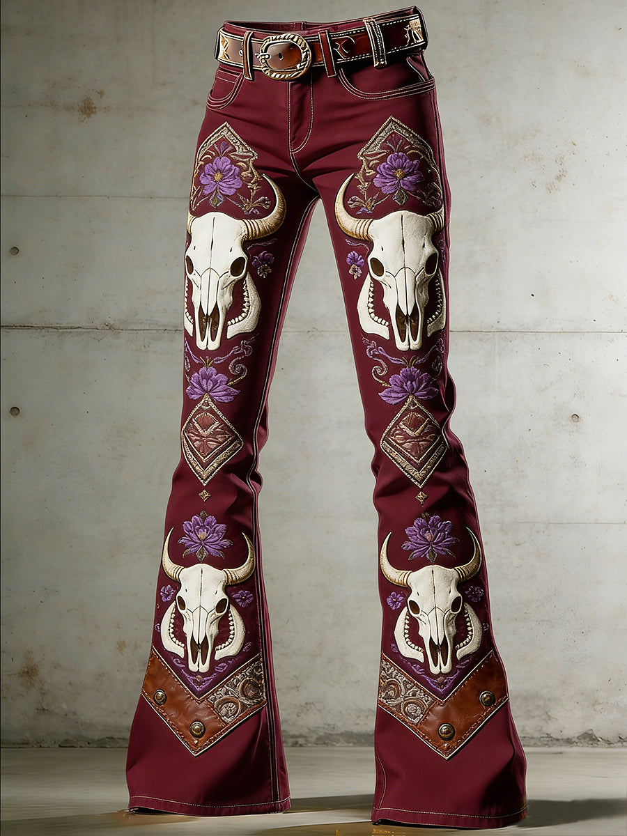 Women's Western Flowers Art Print Flared Trousers