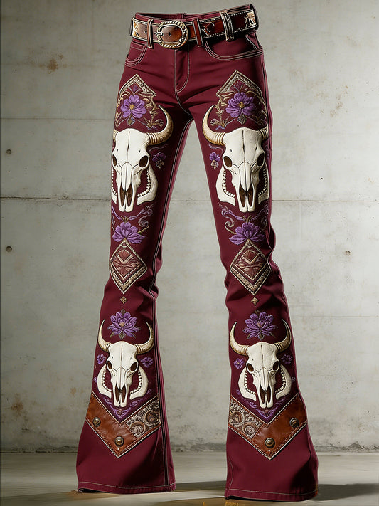 Women's Western Flowers Art Print Flared Trousers