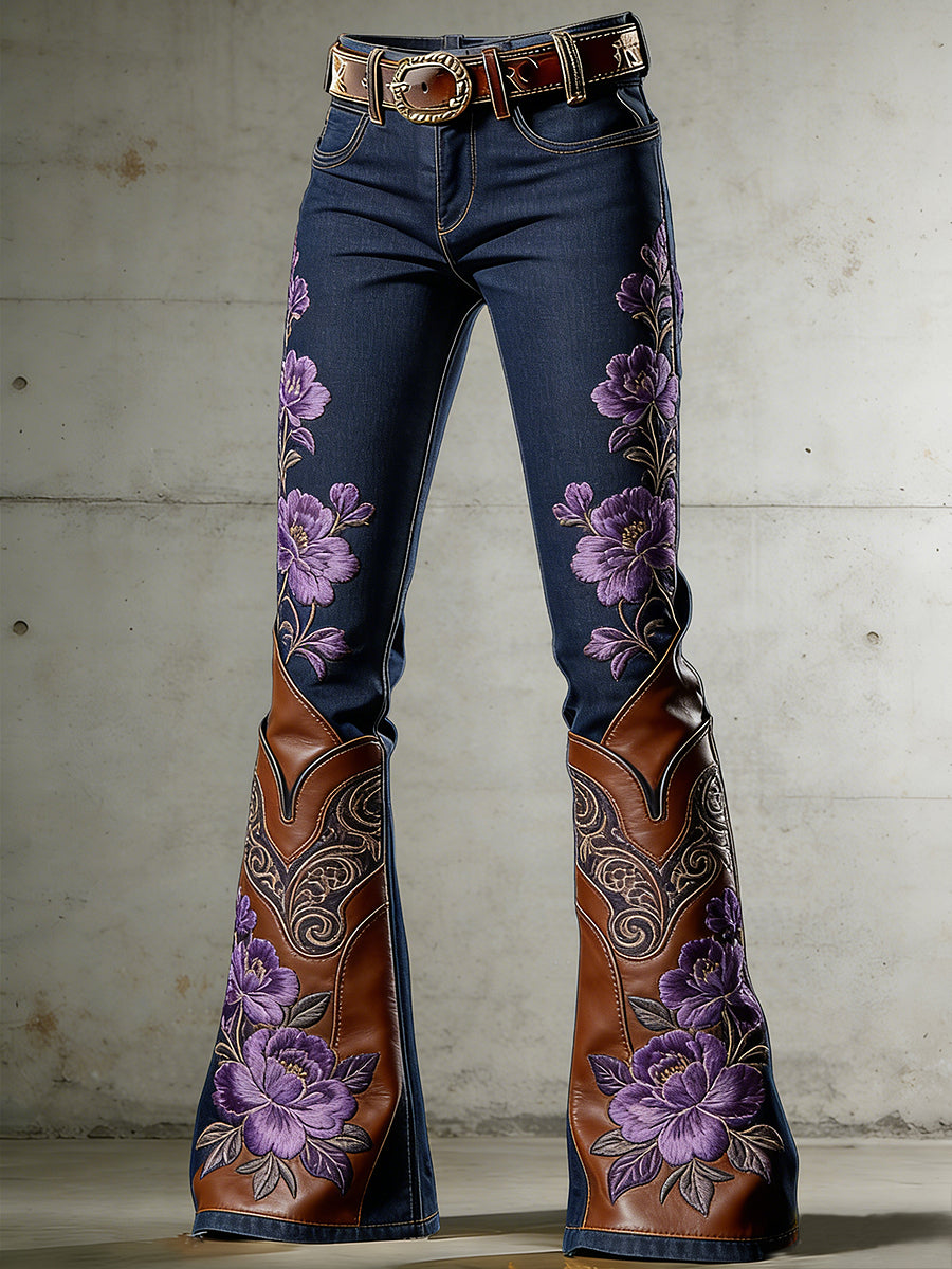 Women's Western Flowers Art Print Flared Trousers