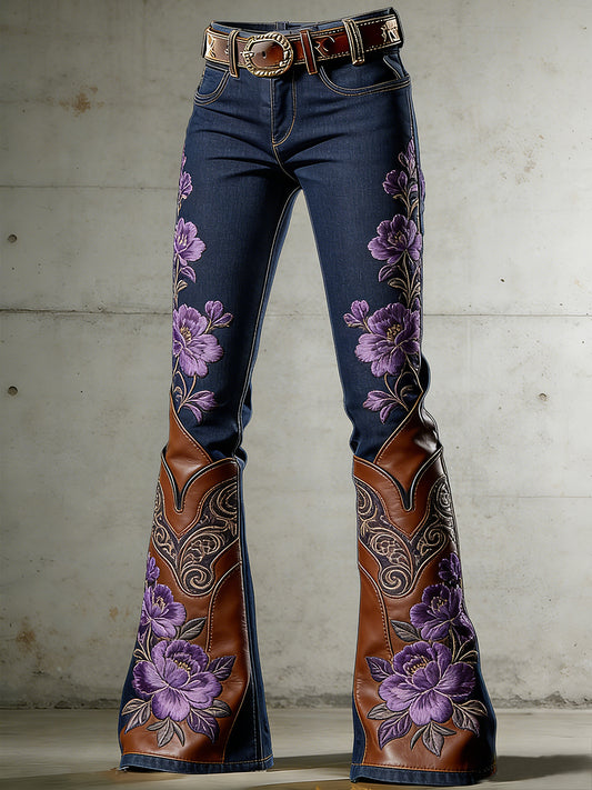 Women's Western Flowers Art Print Flared Trousers