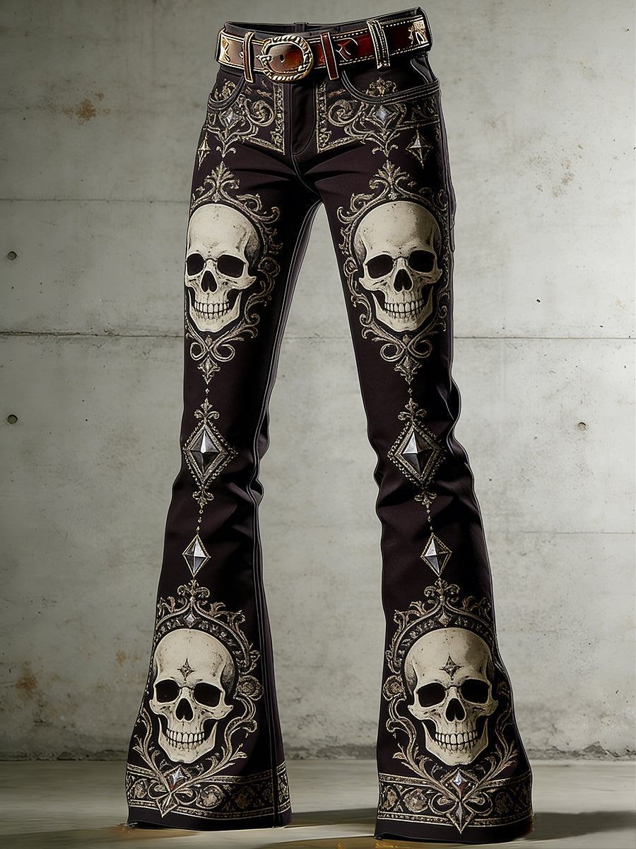 Women's Gothic Skull Art Print Flared Trousers