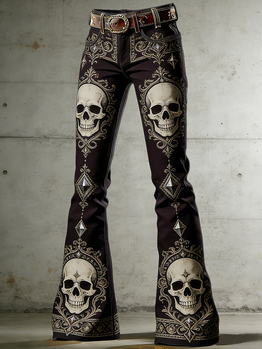 Women's Gothic Skull Art Print Flared Trousers