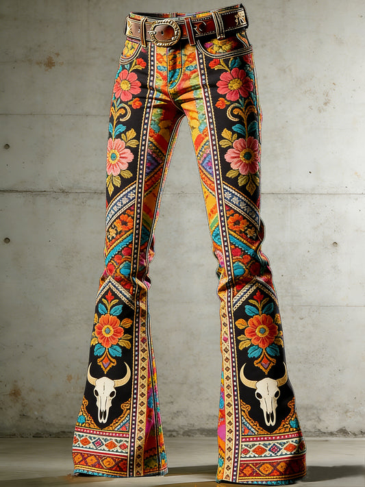 Women's Bohemian Flowers Art Print Flared Trousers
