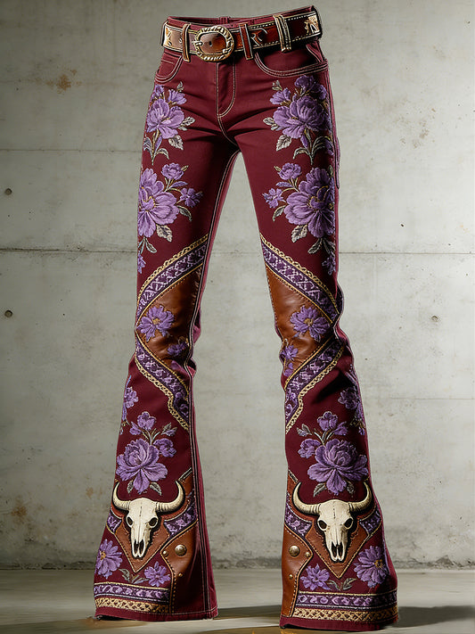 Women's Western Flowers Art Print Flared Trousers