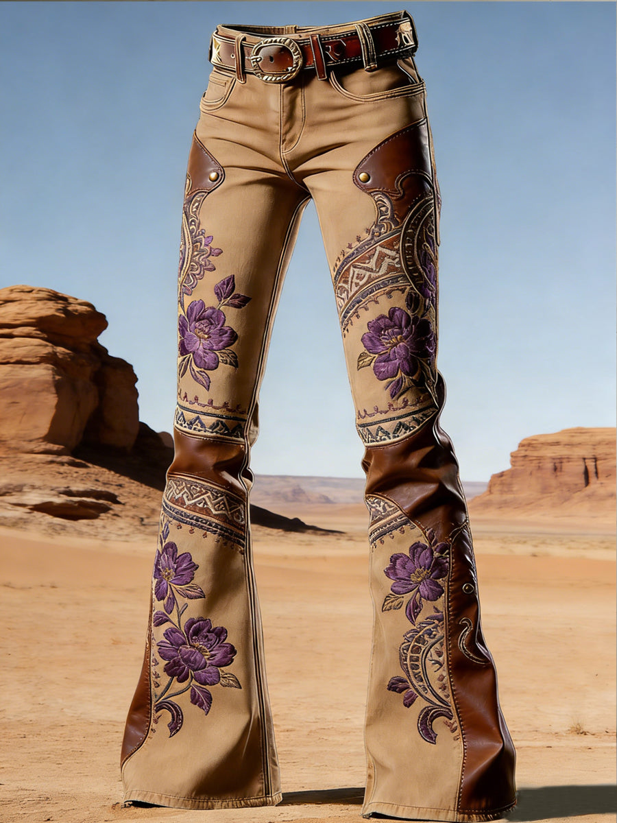 Women's Western Flowers Art Print Flared Trousers
