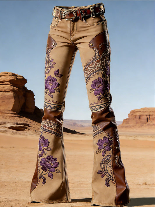 Women's Western Flowers Art Print Flared Trousers
