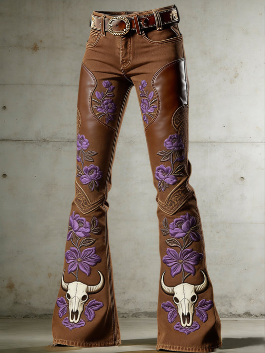 Women's Western Flowers Art Print Flared Trousers
