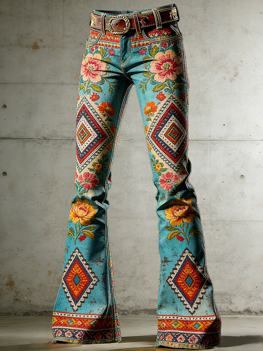 Women's Bohemian Flowers Art Print Flared Trousers