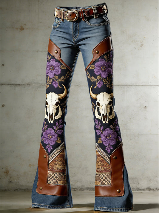 Women's Western Flowers Art Print Flared Trousers