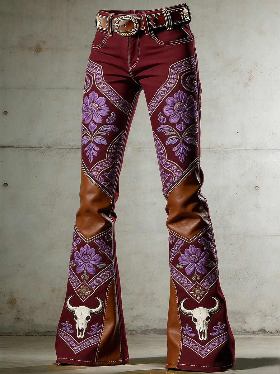 Women's Western Flowers Art Print Flared Trousers