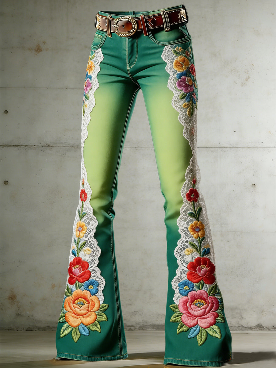 Women's Flower Art Print Flared Trousers