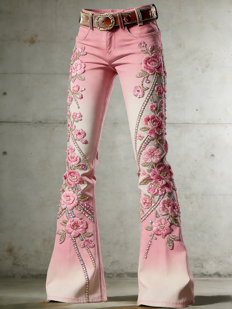 Women's Flower Art Print Flared Trousers
