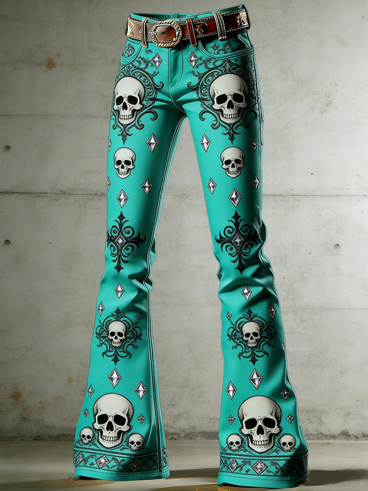 Women's Gothic Skull Art Print Flared Trousers