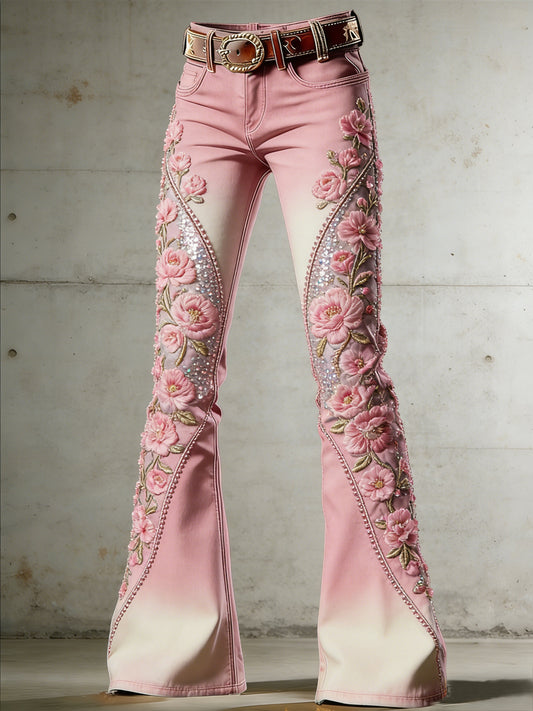 Women's Flower Art Print Flared Trousers