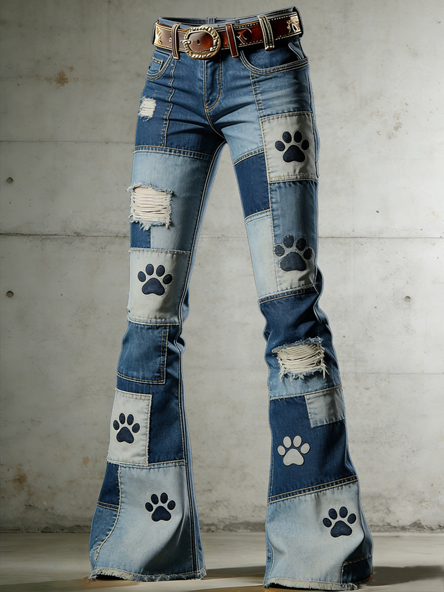 Women's Dog Paw Animal Art Print Flared Trousers