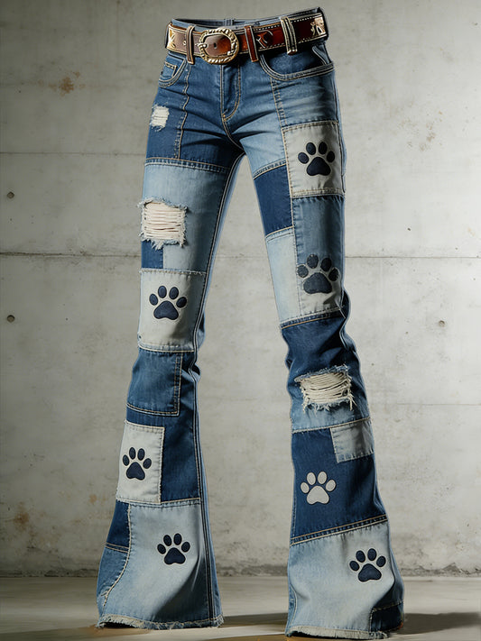 Women's Dog Paw Animal Art Print Flared Trousers