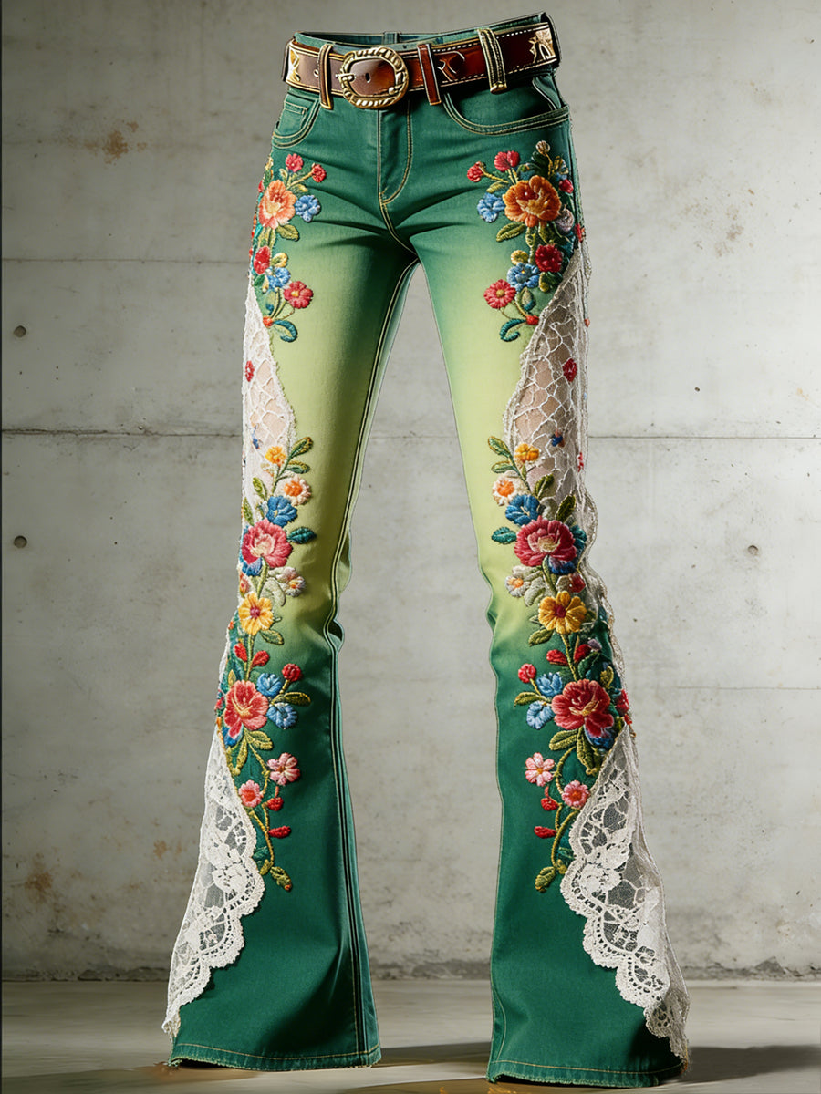 Women's Flower Art Print Flared Trousers