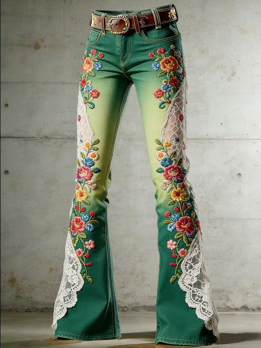 Women's Flower Art Print Flared Trousers