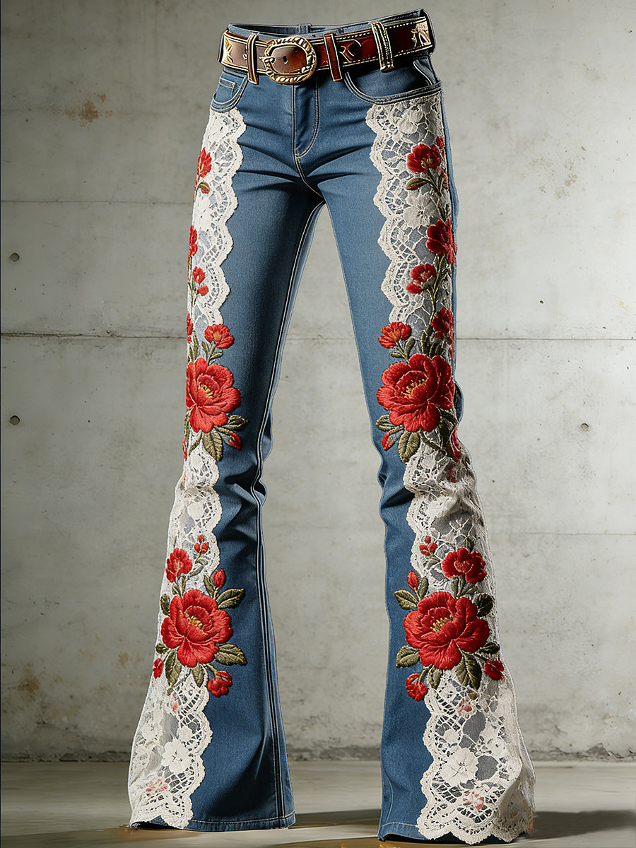Women's Flower Art Print Flared Trousers