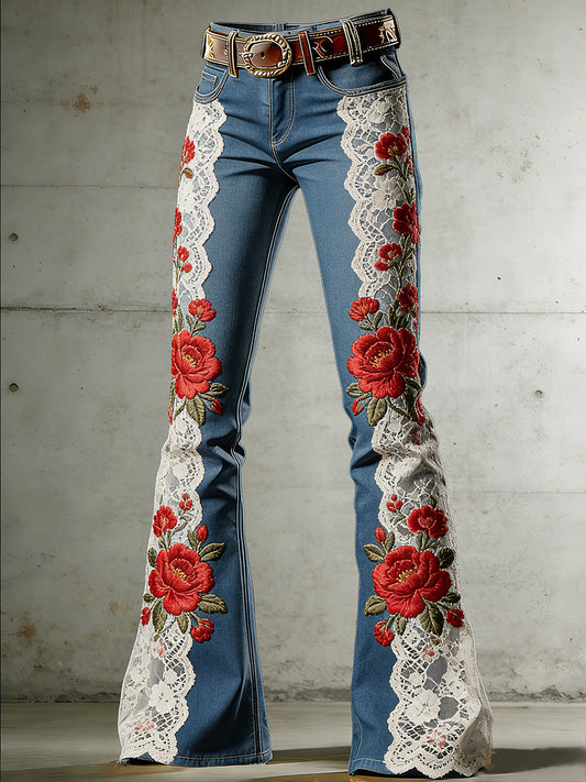 Women's Flower Art Print Flared Trousers