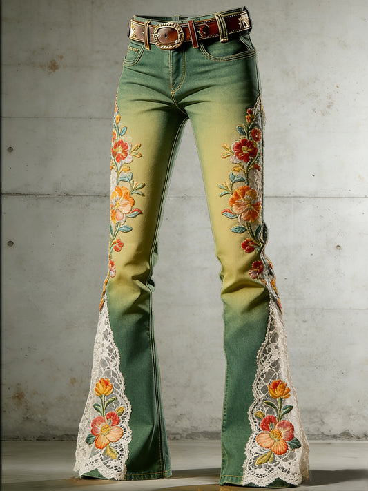 Women's Flower Art Print Flared Trousers