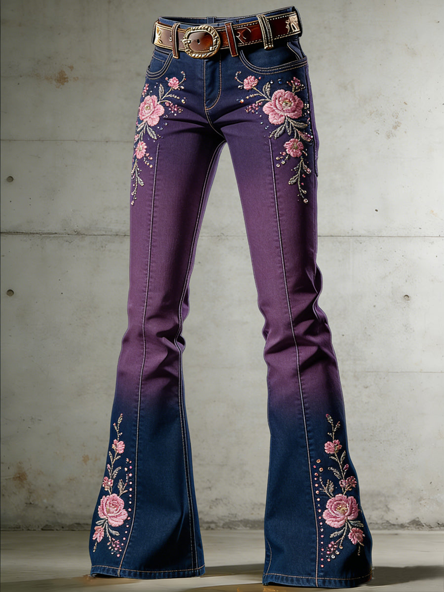 Women's Flower Art Print Flared Trousers