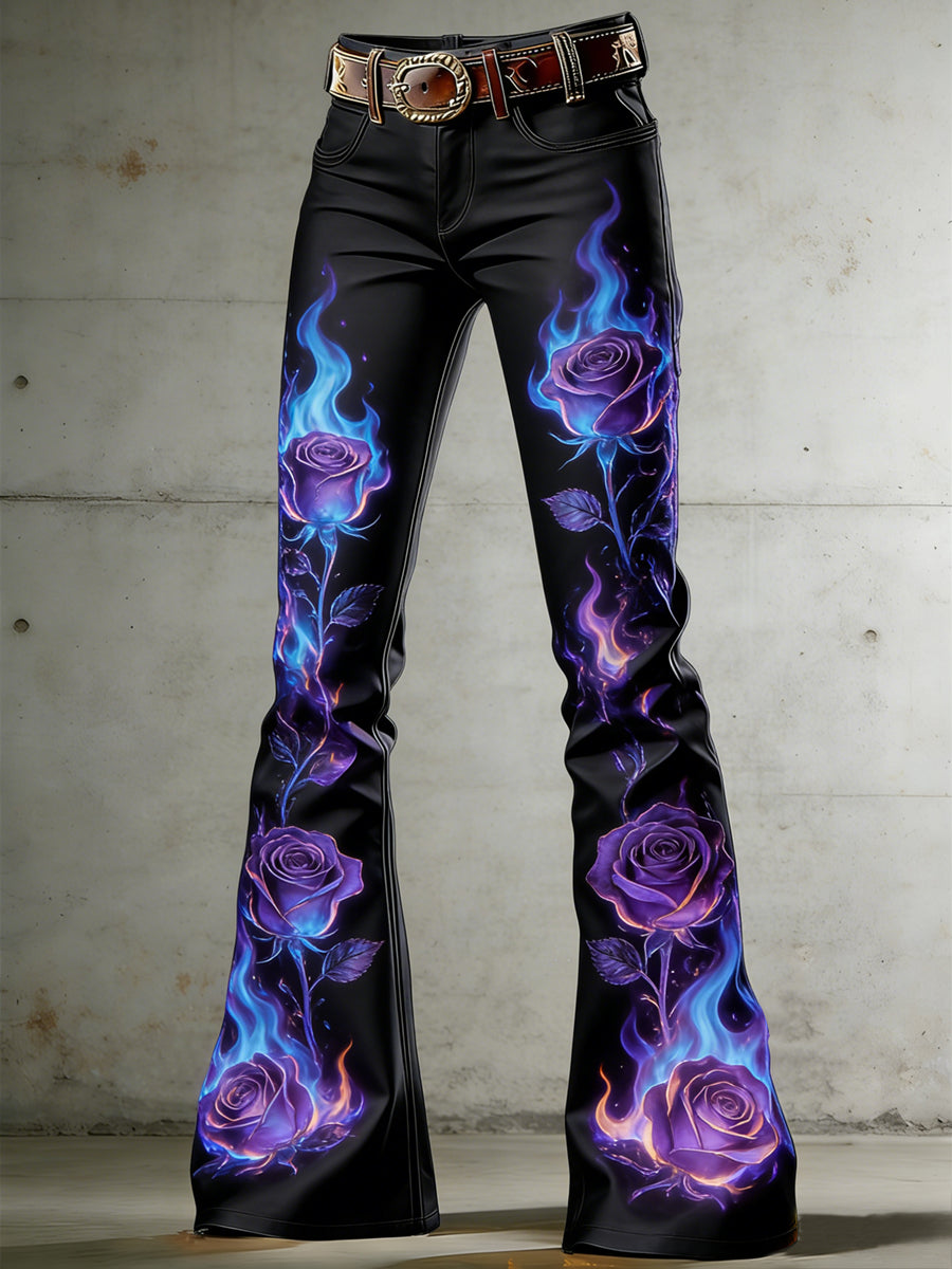Women's Burning Flowers Art Print Flared Trousers