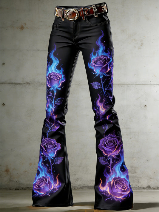 Women's Burning Flowers Art Print Flared Trousers