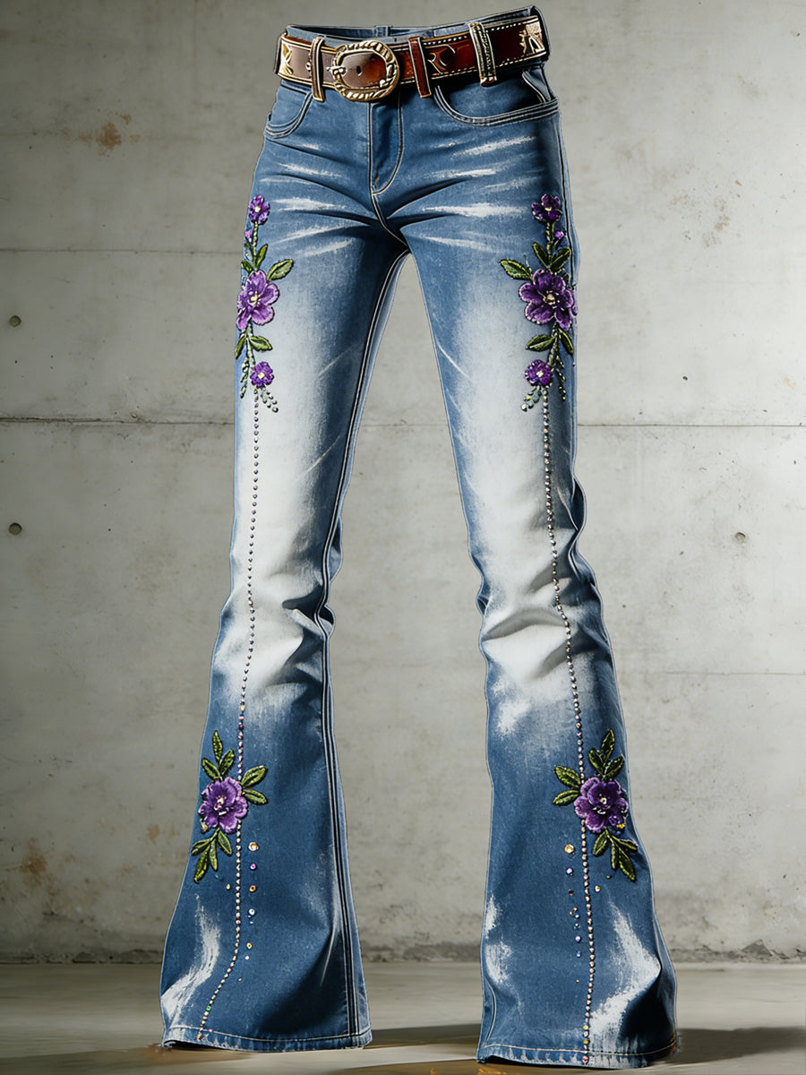 Women's Flower Art Print Flared Trousers