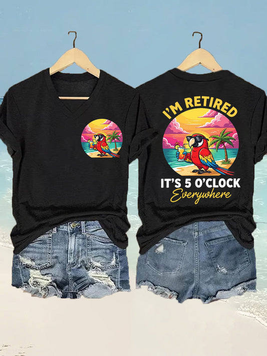 Women's  I'm Retired It's 5 O'clock Everywhere Parrot Print Casual V-Neck Tee
