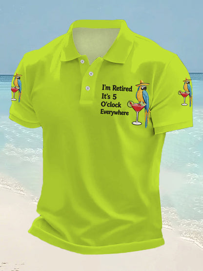 Men's I'm Retired It's 5 O'clock Everywhere Parrot Print Casual Polo
